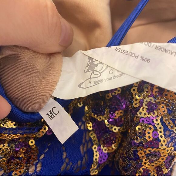 Glamour dance costume solo gold sequin blue feather sassy salsa jazz MC child - Picture 7 of 11